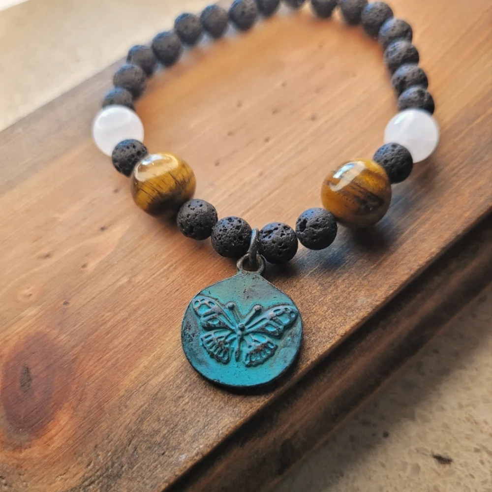 🖤3/$50 Rose Quartz and Tiger's Eye Stone Lava Bead Butterfly Bracelet - Picture 2 of 6